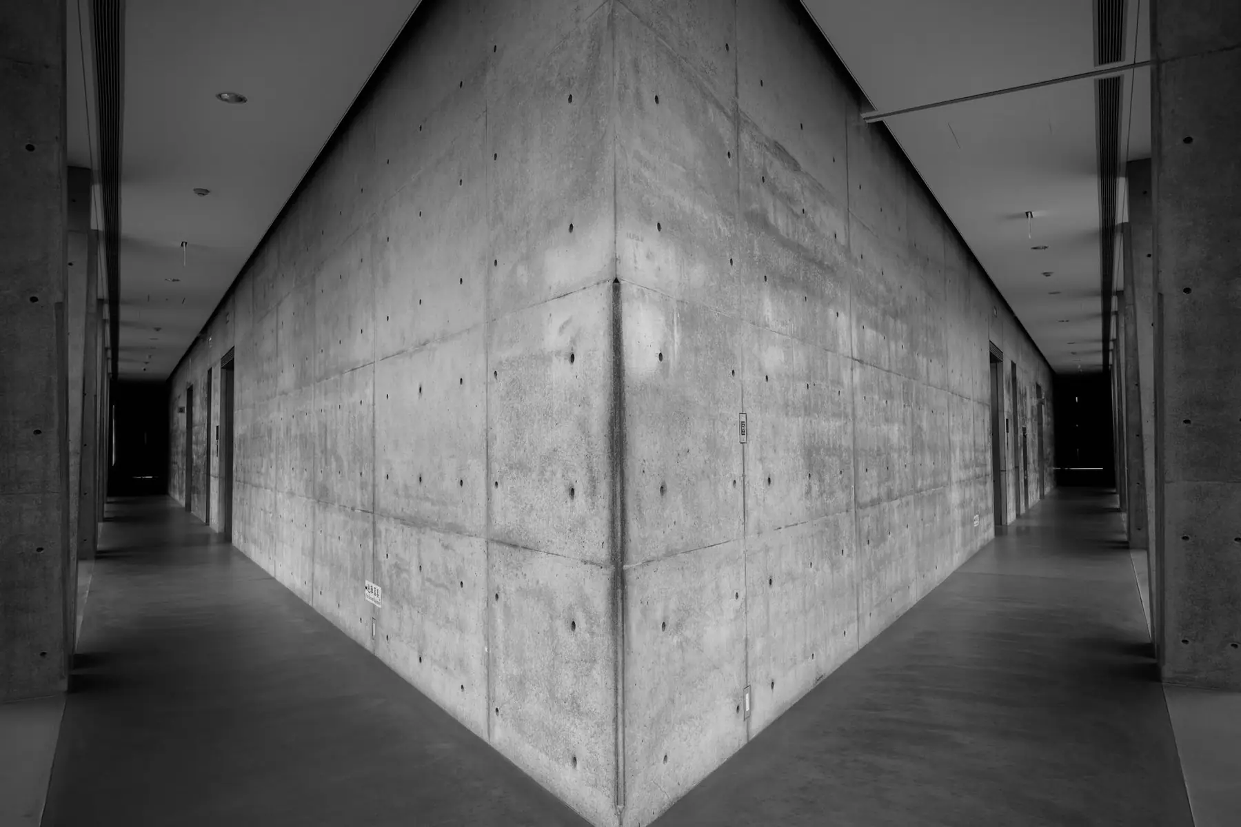 Explore the symmetry and simplicity of a modern concrete hallway in black and white.